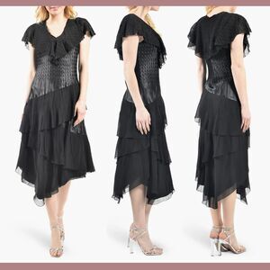 NWD $348 Komarov [ Small ] Flutter Sleeve Asymmetrical Tiered Dress Black #U1181